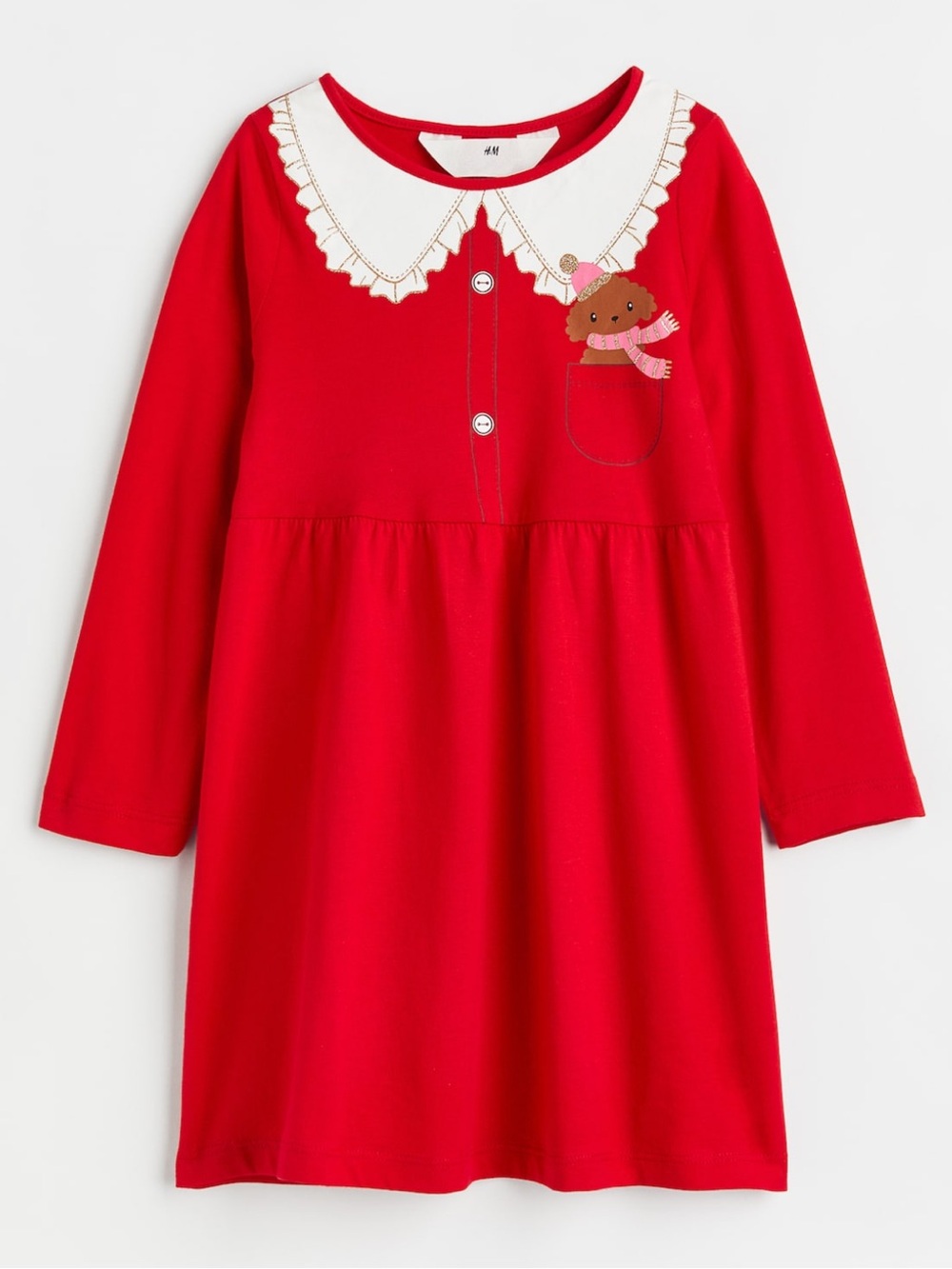 H&M Red Girls' Long Sleeve Jersey Dress Winter Dog Scarf Pocket Size 5T/6 Cotton